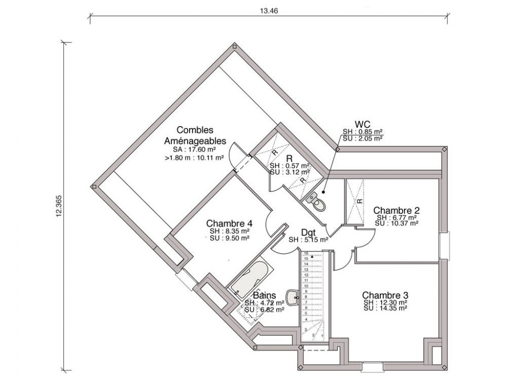 plan de maison sur un terrain triangle