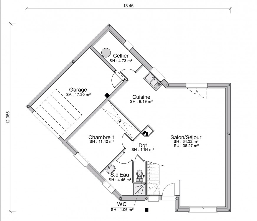 plan de maison sur un terrain triangle