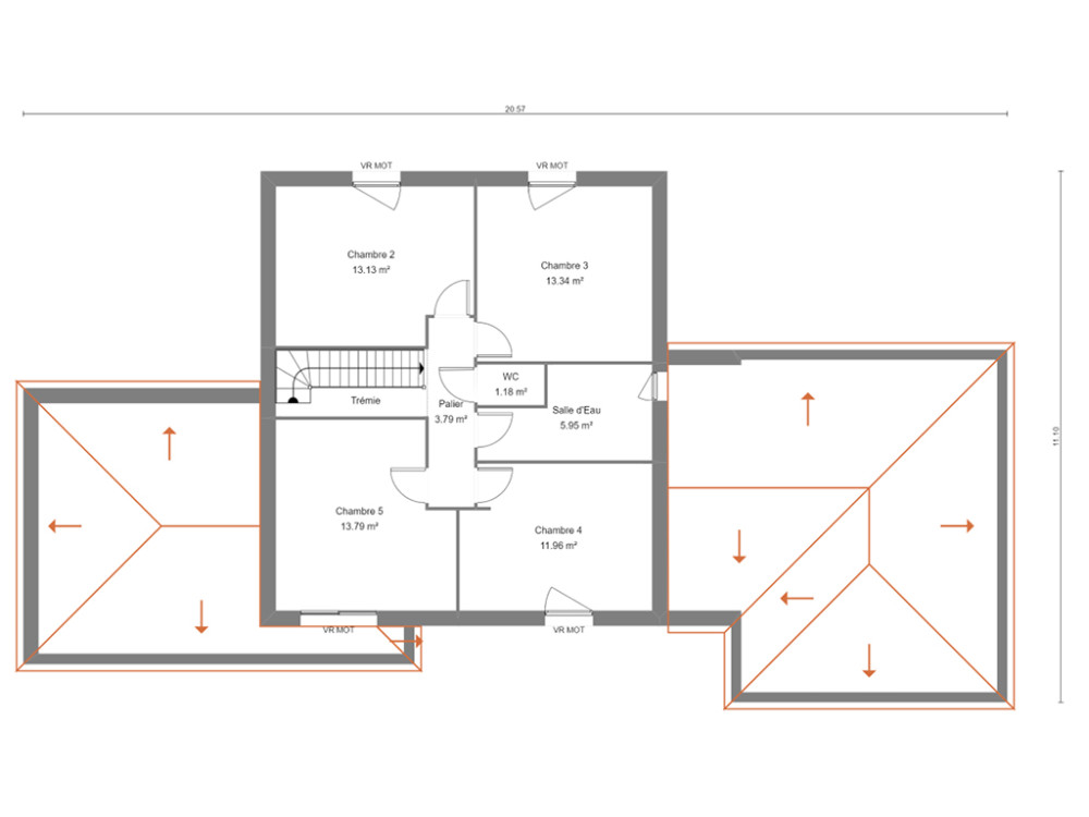 Plan de maison individuelle à étage avec 5 chambres et garage accolé