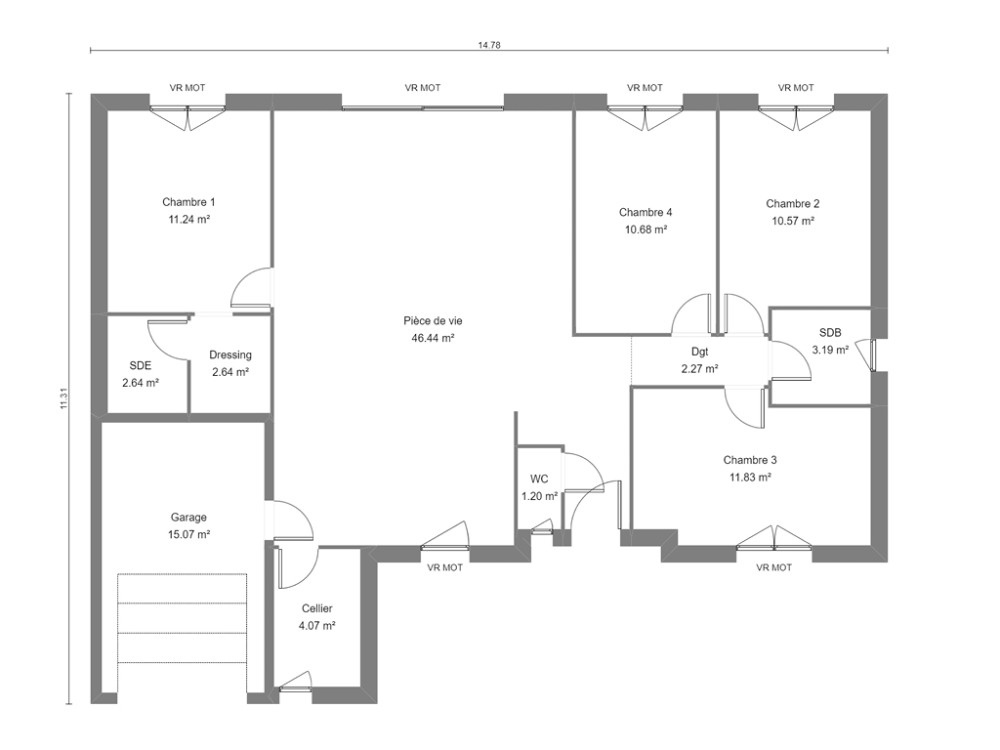 Plan de maison neuve en L avec 4 chambres de plain-pied
